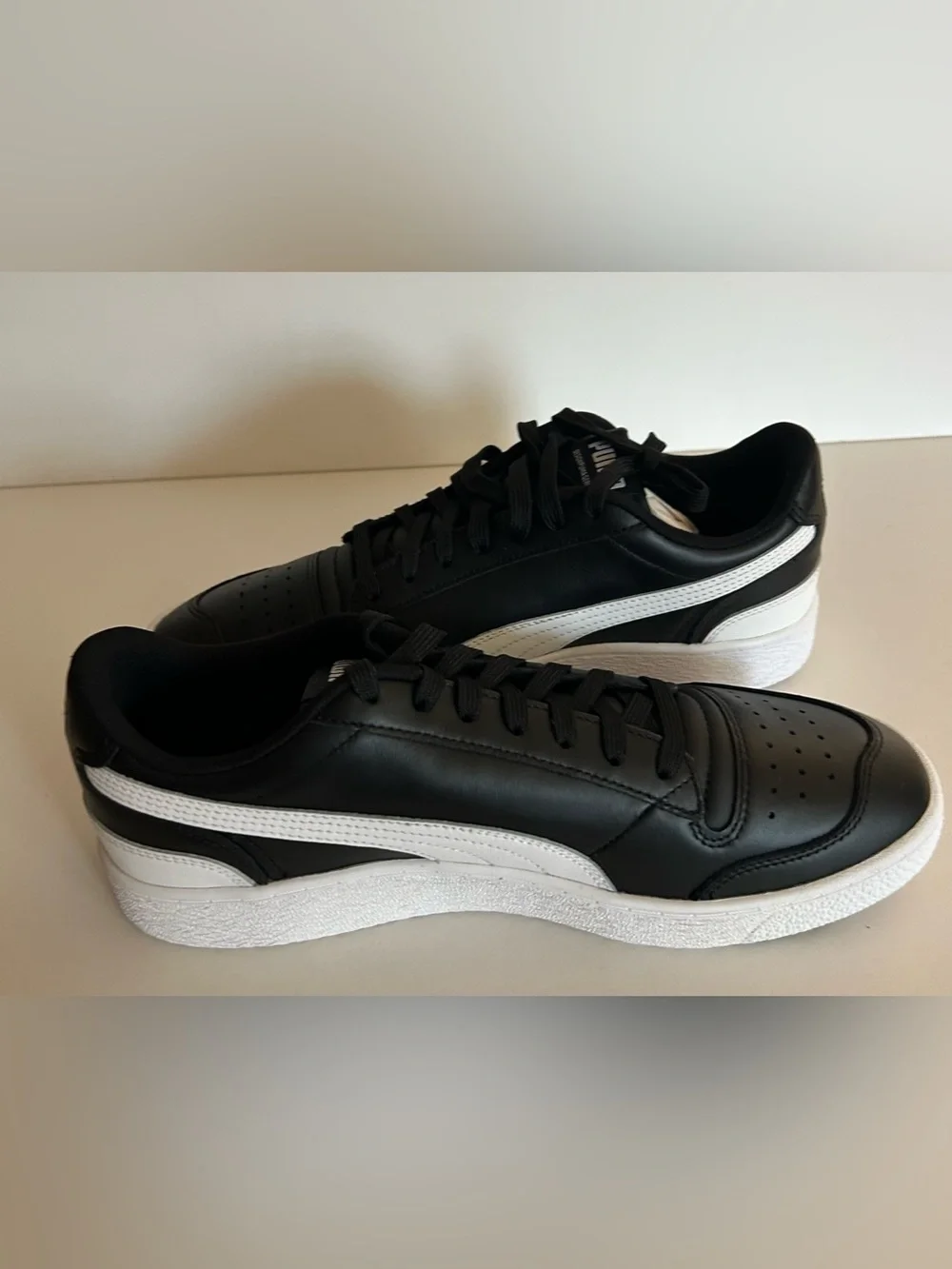 Puma Ralph Sampson Lo Black Leather Sneakers w/White Formstrip and Gold Script